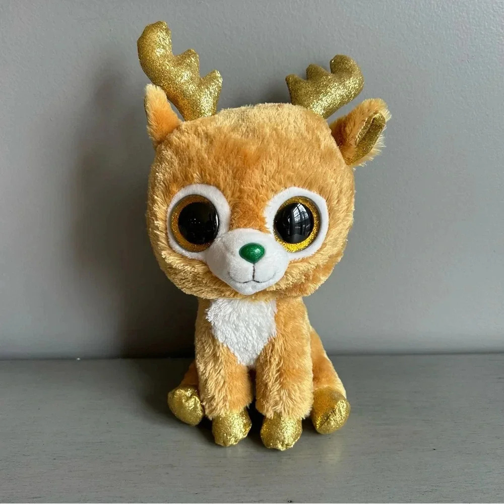Retired TY Beanie Boos Glitzy Reindeer Gold Sparkly Antlers Medium Size 9 inch